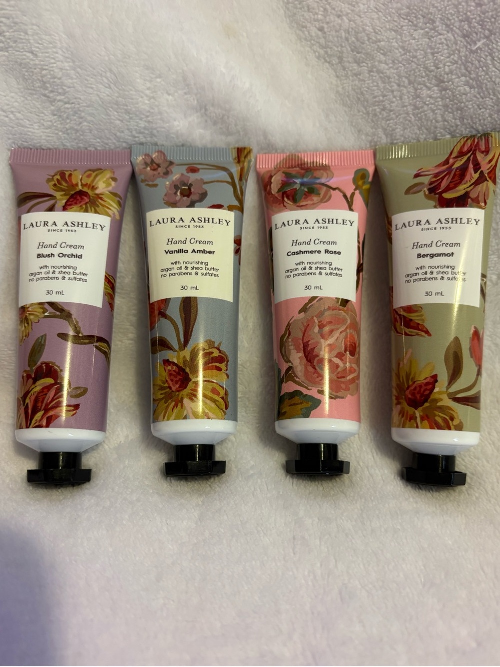 Laura Ashley Floral Hand Cream Set — Pink, Blue, Peach, Olive Tubes